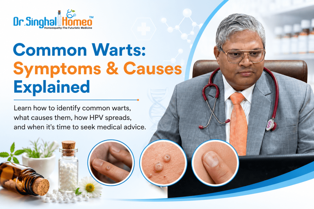 Dr. Vikas Singhal explaining common warts symptoms, causes, HPV spread, and homeopathic treatment with wart symptom illustrations.