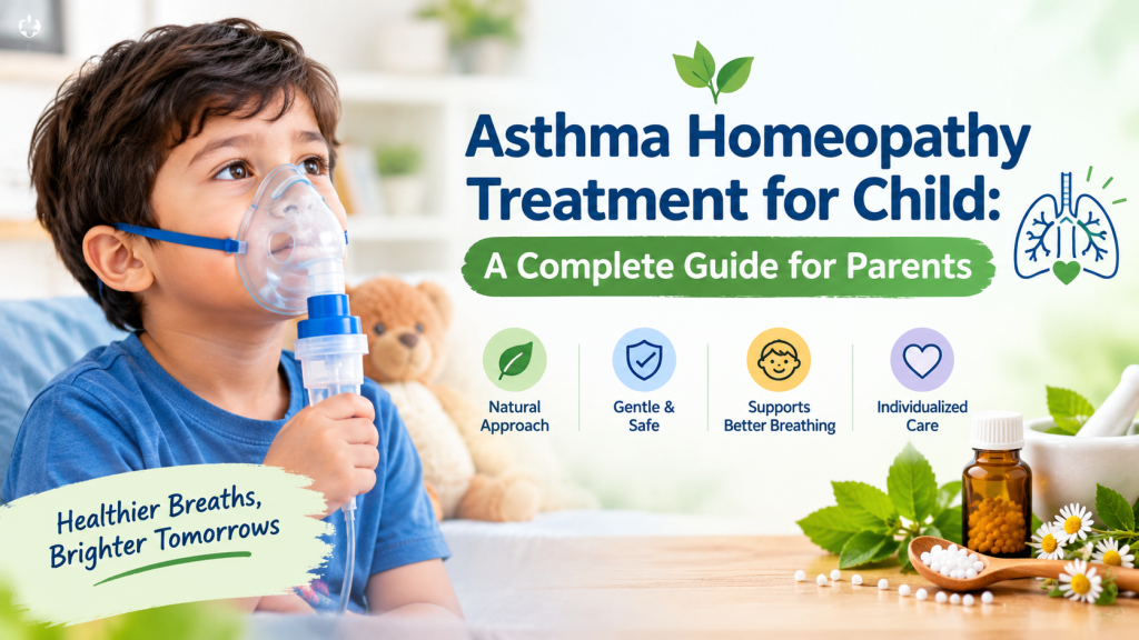 hild using a nebulizer with a teddy bear beside him, alongside homeopathic remedies and text about asthma homeopathy treatment for children and guidance for parents.